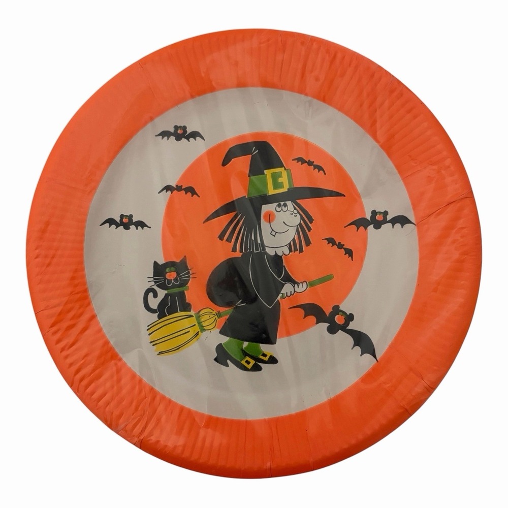 Gibson Halloween 9" Inch Plates 8 Count Witch Bats Cat 70s Kitchy Vintage